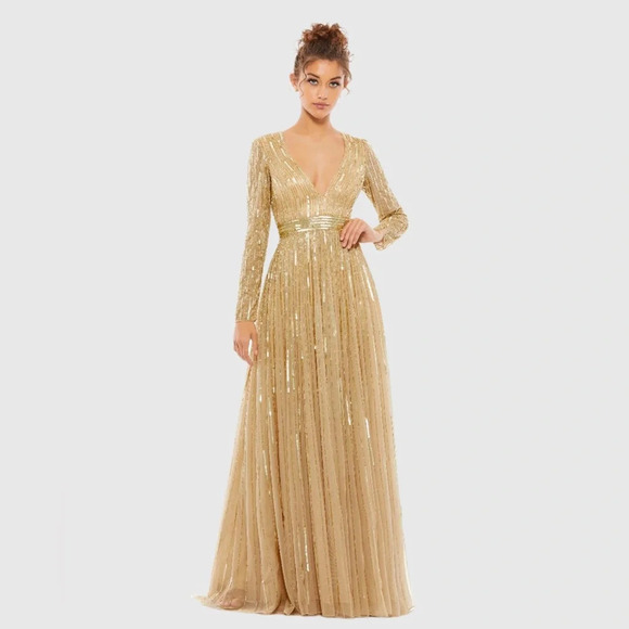 Mac Duggal Sequined V Neck Illusion Sleeve A Line Gown 4977 Gold Size 6